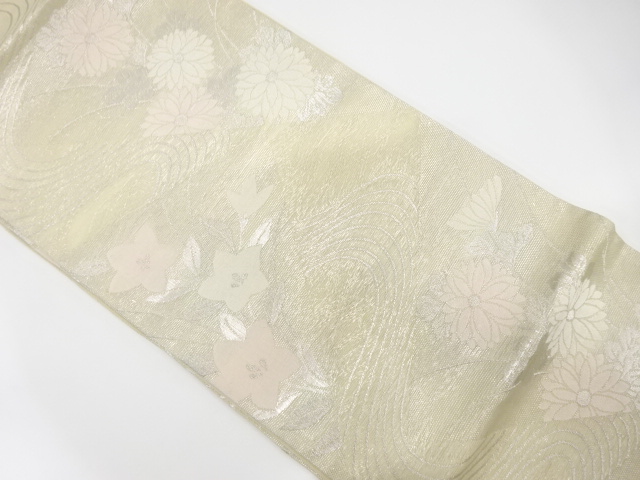 アンティーク　紗　色紙に菊・桔梗・流水模様織り出し袋帯（材料）